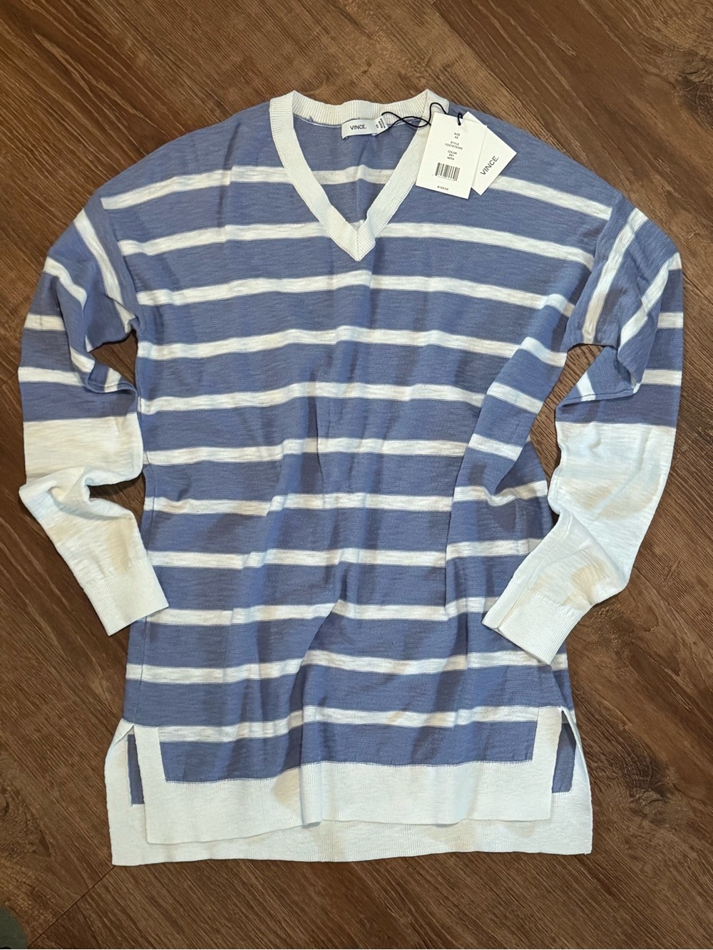NWT Vince Light Blue and White Striped V-Neck Sweater